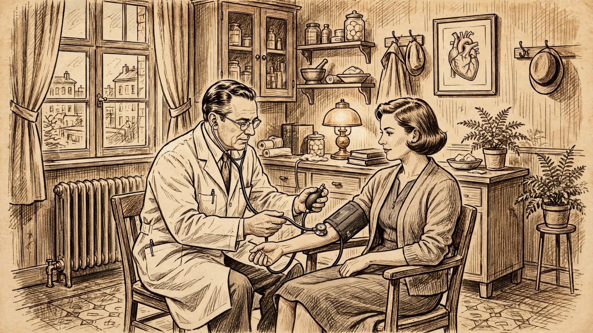 پزشک در دهه 1950 در حال اندازهگیری فشار خون بیمار